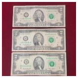 Three- 2 dollar bills -  2003, 2009, 2013
