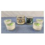4 unused citronella candles, eucalyptus candle