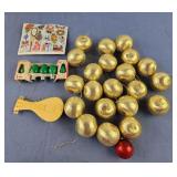 Gold ball ornaments, bulbs, plastic