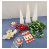 Styrofoam cones, ribbon, vtg plastic angel,