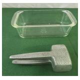 Pyrex glass loaf dish, metal hand ice crusher