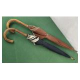 2 wood handle umbrellas 1 brown 1 blue