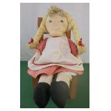 Vintage 15" doll yarn hair and wooden doll chair