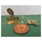 Brass bookend tennis. Mini brass candlestick,