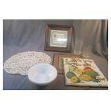 Misc lot including framed artwork, pot holder,