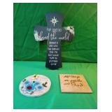 Hanging wood cross 15" tall, Sunshine cement