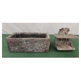 Outdoor soap holder bird has chip, stone planter