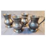Set of 4 pewter mugs with handles 5" tall