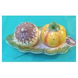Pumpkin and acorn on a leaf salt and