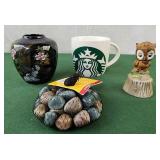 Starbucks mug, vase, decor rocks, owl bell