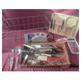 Group of Kitchen Utensils, tray, and wire Basket