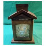 Wood candle holder with  a deer front 9"