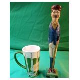 Golf carved wood statue and ceramic cup