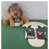 Doggie stuffed animal, snow friends wood sign