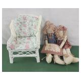 Wicker doll chair and 2 cloth heart boy and girl