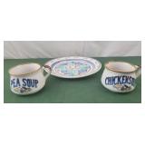 Decorative plate and 2 soup mugs