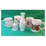 Group of Mom coffee cups, bell and a vase