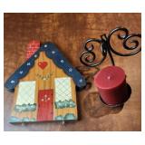 Wooden home sign, metal wall candle holder