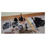 Basket, sunglasses, duffle bag straps, measuring