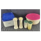 Tupperware containers and Salt and Pepper Shakers
