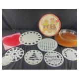Cake Plates, cake stencils, paper doilies and a