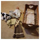 Wood cradle and baby doll. Fabric bear, plush dog