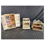 Doll refrigerator and contents, oven, and mini