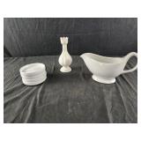 Gravy boat, coasters, bud vase