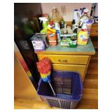 Cleaning supplies, duster and laundry basket