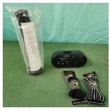 Alarm clock. Shoe laces, flashlight