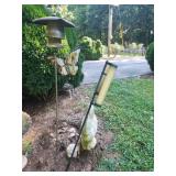 Bird feeder, rain gauge, chicken and butterfly