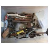 Tub of Tools, Hammers, Hatchet, Wire Brush, Brace
