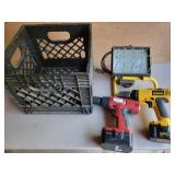 Milk Crate, 2 Battery Drills, Shop light & Saw