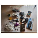 Clips, light bulbs, remote, phone, sunglasses,