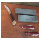 Pocket knife, 2 Swiss army knives and sharpening