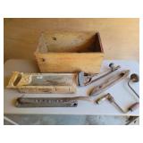 Wood Box w/ Miter Saw & Vtg Hand Tools