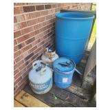 Propane tanks. Large Plastic barrel, metal can