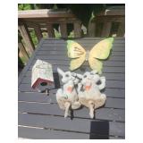 Small birdhouse, plastic bunnies, metal butterfly