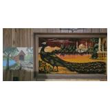 Framed Peacock Tapestry & Handpainted Bridge