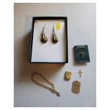 Earrings, cross pin and bracelet, pendants