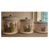 3 piece farm scene canisters ceramic blue lids