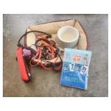 Small dog bed, leashes, food bowl, dog toys