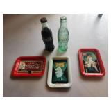 3 coca cola tins, coca cola bottles