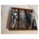 Wood tray with silverware