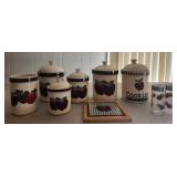 Applejack plaid apple canisters, cookie jar, salt