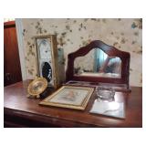 Home decor including an anniversary clock, shelf