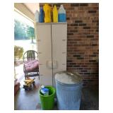 Metal trash can, cabinet and contents