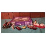 Puzzle, ships, toy cars, cowboy, bunny on skates