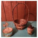 Musical glass dolphins, 4" Kansas jug, basket