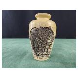 4ï¿½ hand engraved bear on a ceramic vase, bud vase